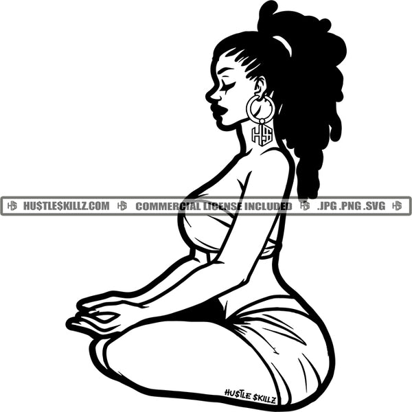 Afro Woman Doing Yoda Meditation Relax Logos Black And White Designs Hustle Skillz SVG PNG JPG Vector Cutting Files Silhouette Cricut