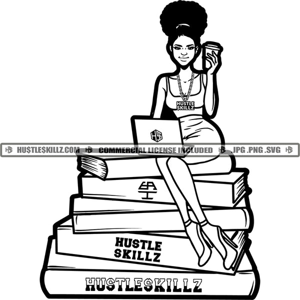 Melanin Woman Sitting Books Drinking Coffee Educated Lady Logos Black And White Designs Hustle Skillz SVG PNG JPG Vector Cutting Files Silhouette Cricut