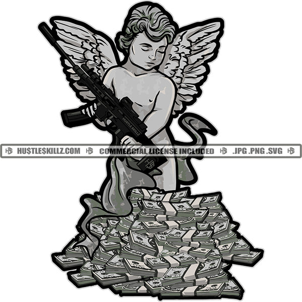 Angel Holding Rifle Gun Money Stacks Grinding Grind Hustler Hustle Skillz SVG PNG JPG Vector Cutting Files Silhouette Cricut