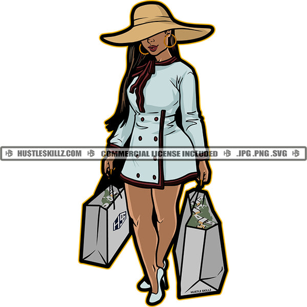 Successful Woman Bags Full Of Money Big Hat Grinding Grind Hustler Hustle Skillz SVG PNG JPG Vector Cutting Files Silhouette Cricut