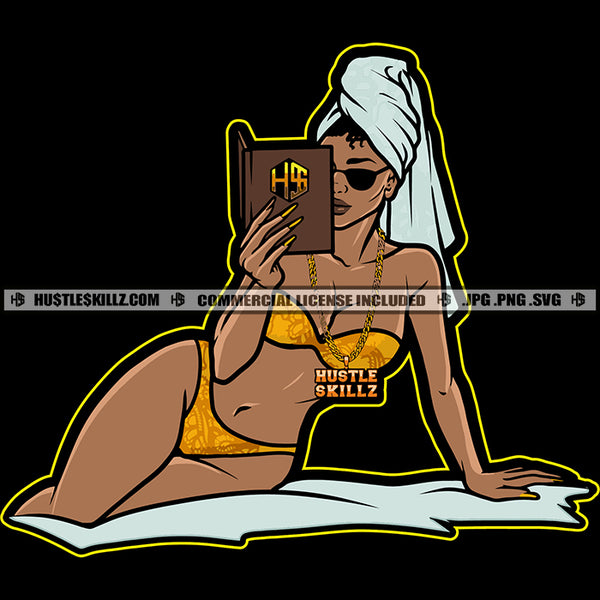 Melanin Woman Reading Book Swimming Suit Grind Hustler Hustle Skillz SVG PNG JPG Vector Cutting Files Silhouette Cricut