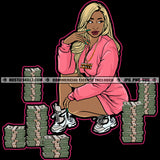 Beautiful Woman Floor Full Of Money Stacks Squatting Blonde Hair Grind Hustler Hustle Skillz SVG PNG JPG Vector Cutting Files Silhouette Cricut