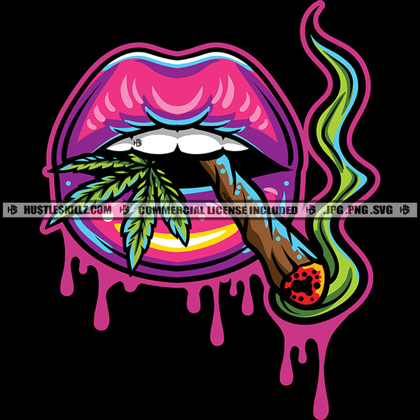 Lips Smoke Blunt Weed Plant Cannabis Smoking Blunt Marijuana Weed leaf Teeth Dripping Lit Abstract Art Icon Graphic Grind Logo Hustle Skillz SVG PNG JPG Vector Cut Files Silhouette Cricut