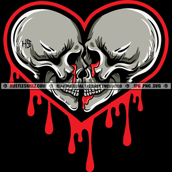 Two Skulls Skeleton Bones Dead Heart Shape Dripping Blood Icon Graphic Grind Logo Hustle Skillz SVG PNG JPG Vector Cut Files Silhouette Cricut