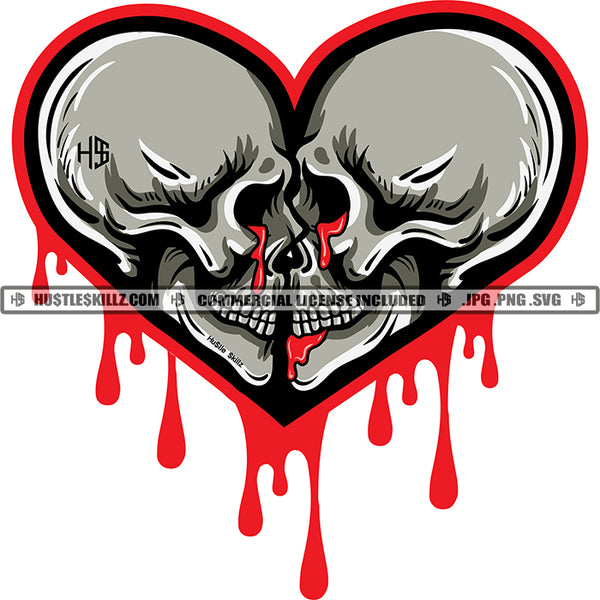 Two Skulls Skeleton Bones Dead Heart Shape Dripping Blood Icon Graphic Grind Logo Hustle Skillz SVG PNG JPG Vector Cut Files Silhouette Cricut