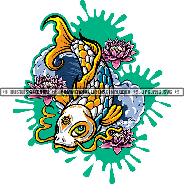 Fish Pond Water Goldfish Water Lily Splash Abstract Fins Ocean Sea Marine Grind Logo Hustle Skillz SVG PNG JPG Vector Cut Files Silhouette Cricut