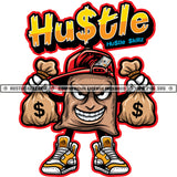 Hustler Money Bag Cartoon Character Bags Evil Sarcastic Smile Face Baseball Cap Sneakers Logo Hustle Skillz SVG PNG JPG Vector Cut Files Silhouette Cricut