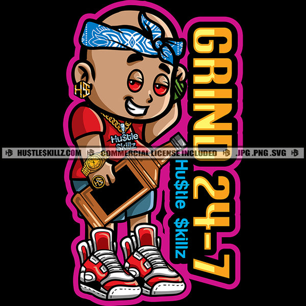 Grind 24-7 Gangster Man Cartoon Character Band Whiskey Bottle Hustler Earing Watch Gold Chain Ring Red Eyes Phone Logo Hustle Skillz SVG PNG JPG Vector Cut Files Silhouette Cricut