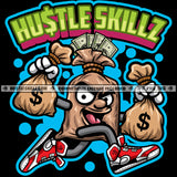 Gangster Money Bag Cartoon Character Running Cash Bags Evil Sarcastic Smile Face Logo Hustle Skillz SVG PNG JPG Vector Cut Files Silhouette Cricut