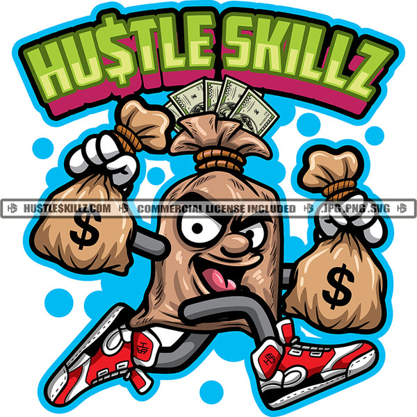 Gangster Money Bag Cartoon Character Running Cash Bags Evil Sarcastic Smile Face Logo Hustle Skillz SVG PNG JPG Vector Cut Files Silhouette Cricut