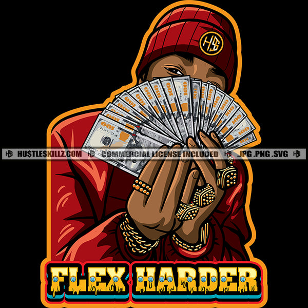 Flex Hard Diamond Gangster Black Man Winter Hat Gold Rings Watch Bracelet Money Cash Ghetto Thug Brag Logo Hustle Skillz SVG PNG JPG Vector Cut Files Silhouette Cricut