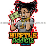 Hustle Addicts Gangster Man Dreads Locs Hair Holding Money Cash Stacks Gold Watch Chain Grind Hustler Logo Hustle Skillz SVG PNG JPG Vector Cut Files Silhouette Cricut