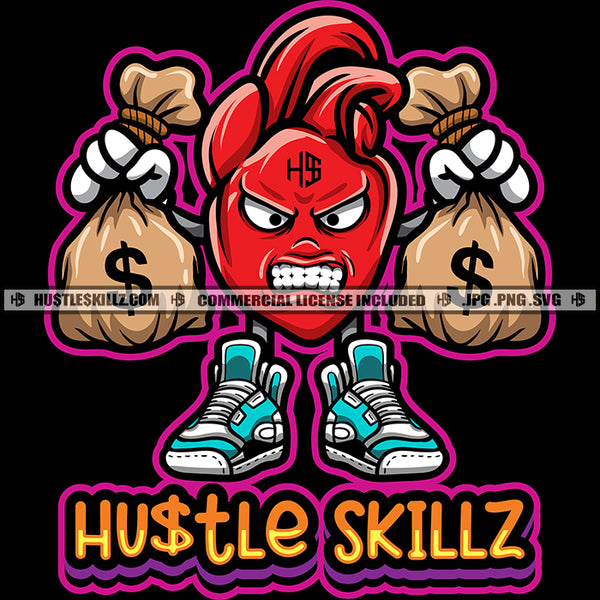 Heart Cartoon Character Holding Money Bags Evil Sarcastic Face Cash Hustler Grind Logo Hustle Skillz SVG PNG JPG Vector Cut Files Silhouette Cricut