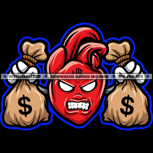 Red Heart Holding Money Bags Cash Dollar Sign Creepy Growling Grinding Hustler Hustling Logo Hustle Skillz SVG PNG JPG Vector Cut Files Silhouette Cricut