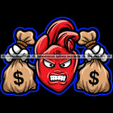 Evil Heart Cartoon Character Sarcastic Face Two Money Bags Cash Dollars Abstract Sneakers Snarling Graphic Grind Hustler Logo Hustle Skillz SVG PNG JPG Vector Cut Files Silhouette Cricut