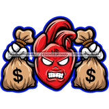 Red Heart Holding Money Bags Cash Dollar Sign Creepy Growling Grinding Hustler Hustling Logo Hustle Skillz SVG PNG JPG Vector Cut Files Silhouette Cricut