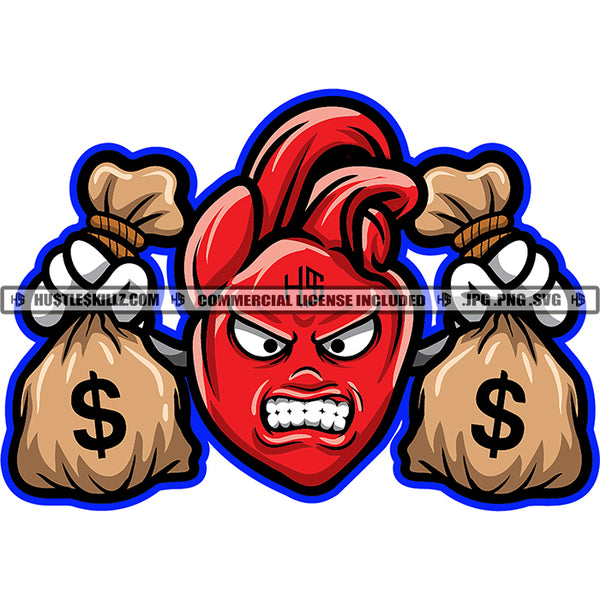 Evil Heart Cartoon Character Sarcastic Face Two Money Bags Cash Dollars Abstract Sneakers Snarling Graphic Grind Hustler Logo Hustle Skillz SVG PNG JPG Vector Cut Files Silhouette Cricut