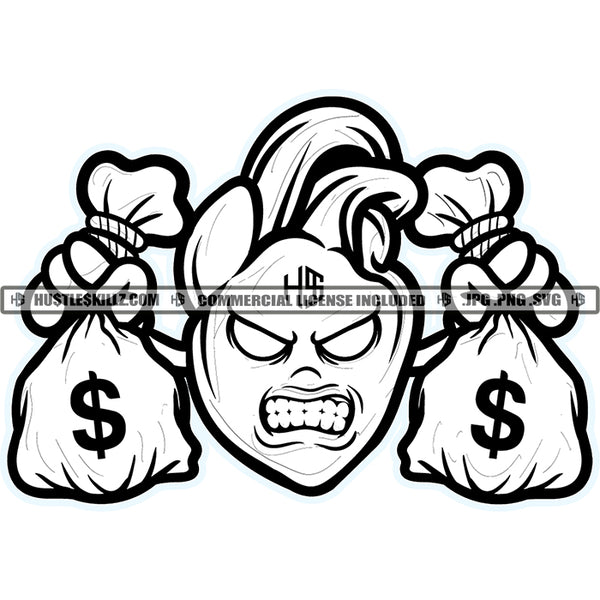 Heart Holding Money Bags Cash Dollar Sign Hustler Hustling Grinding Grind Work Hard Growling Logo Hustle Skillz SVG PNG JPG Vector Cut Files Silhouette Cricut