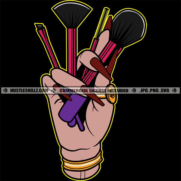 Woman Hand Holding Make Up Set Long Nails Logo Hustler Grind Hustle Skillz SVG PNG JPG Vector Cut Files