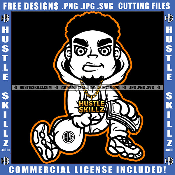 Gangster Man Black And White Design Holding Money Bag Showing Off Cash Investor Hard Worker Illustration Wearing Suit Gold Chain Logo Hustle Skillz SVG PNG JPG Vector Cut Files Silhouette Cricut