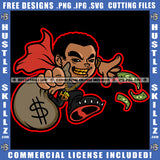 Black Man Running Money Bag Cash Flying Hustler Showing Off Money Dollar Sign Gold Chain Graphic Grind Logo Hustle Skillz SVG PNG JPG Vector Cut Files Silhouette Cricut