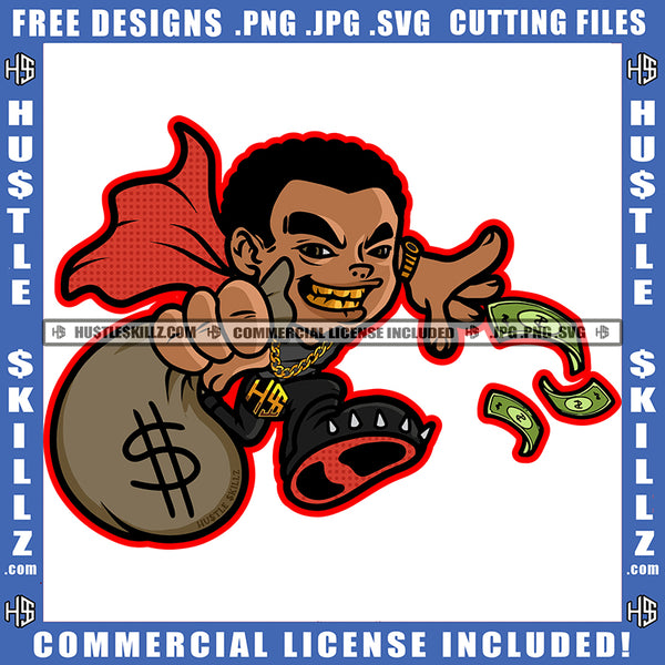 Black Man Running Money Bag Cash Flying Hustler Showing Off Money Dollar Sign Gold Chain Graphic Grind Logo Hustle Skillz SVG PNG JPG Vector Cut Files Silhouette Cricut