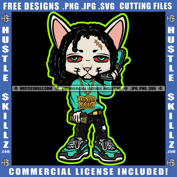 Gangster Cat Dreadlocks Hairstyle Holding Phone Hand Money Dollar Sign Gold Chain Logo Hustle Skillz SVG PNG JPG Vector Cut Files Silhouette Cricut