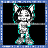 Gangster Cat Black And White Design Dreadlocks Hairstyle Holding Phone Hand Money Dollar Sign Gold Chain Logo Hustle Skillz SVG PNG JPG Vector Cut Files Silhouette Cricut