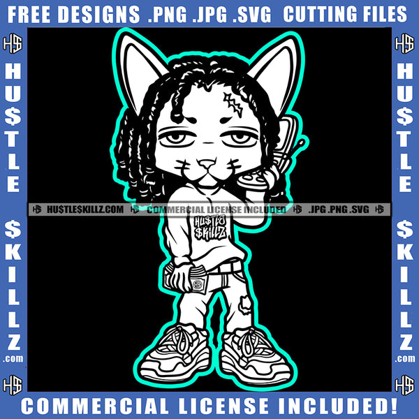 Gangster Cat Black And White Design Dreadlocks Hairstyle Holding Phone Hand Money Dollar Sign Gold Chain Logo Hustle Skillz SVG PNG JPG Vector Cut Files Silhouette Cricut