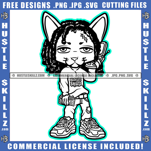 Gangster Cat Black And White Design Dreadlocks Hairstyle Holding Phone Hand Money Dollar Sign Gold Chain Logo Hustle Skillz SVG PNG JPG Vector Cut Files Silhouette Cricut