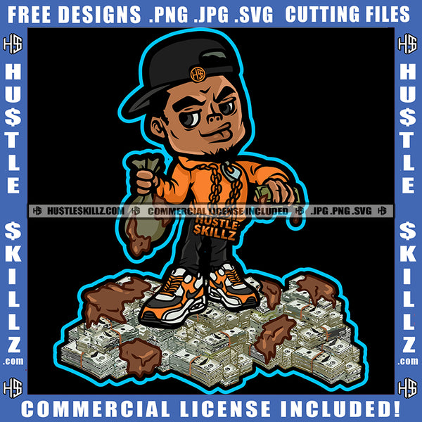 Gangster Man Showing Off Bragging Street Man Dope Baseball Cap Holding Money Bag Dollar Sign Gold Chain Grind Logo Hustle Skillz SVG PNG JPG Vector Cut Files Silhouette Cricut