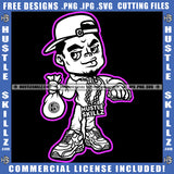 Gangster Man Black And White Design Baseball Cap Beard Mouth Holding Money Bag Chain Logo Hustle Skillz SVG PNG JPG Vector Cut Files Silhouette Cricut