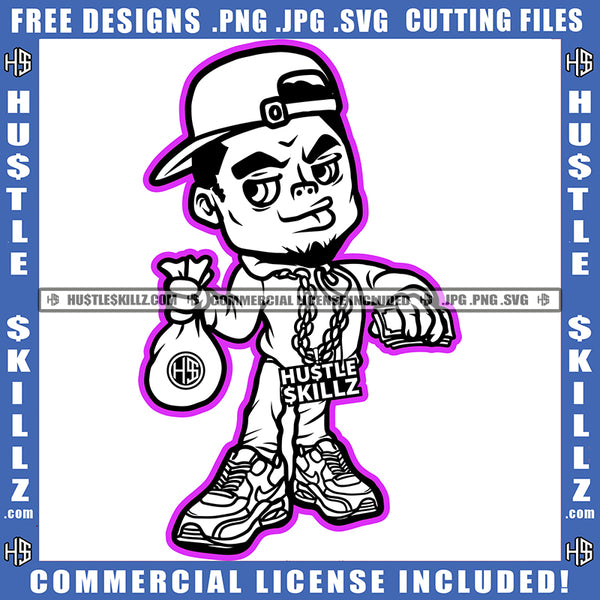 Gangster Man Black And White Design Baseball Cap Beard Mouth Holding Money Bag Chain Logo Hustle Skillz SVG PNG JPG Vector Cut Files Silhouette Cricut