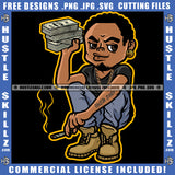 Gangster Man Beard Holding Money Gold Chain Laying Down Dollar Sign Cannabis Smoking Blunt Marijuana Weed leaf Logo Hustle Skillz SVG PNG JPG Vector Cut Files Silhouette Cricut