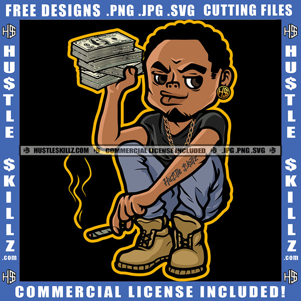 Gangster Man Beard Holding Money Gold Chain Laying Down Dollar Sign Cannabis Smoking Blunt Marijuana Weed leaf Logo Hustle Skillz SVG PNG JPG Vector Cut Files Silhouette Cricut