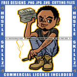 Gangster Man Beard Holding Money Gold Chain Laying Down Dollar Sign Cannabis Smoking Blunt Marijuana Weed leaf Logo Hustle Skillz SVG PNG JPG Vector Cut Files Silhouette Cricut