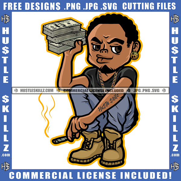 Gangster Man Beard Holding Money Gold Chain Laying Down Dollar Sign Cannabis Smoking Blunt Marijuana Weed leaf Logo Hustle Skillz SVG PNG JPG Vector Cut Files Silhouette Cricut