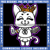 Gangster Queen Cat Black And White Design Graphic Holding Alcohol Bottle And Money Hand Bracelet Closing Eyes Logo Hustle Skillz SVG PNG JPG Vector Cut Files Silhouette Cricut