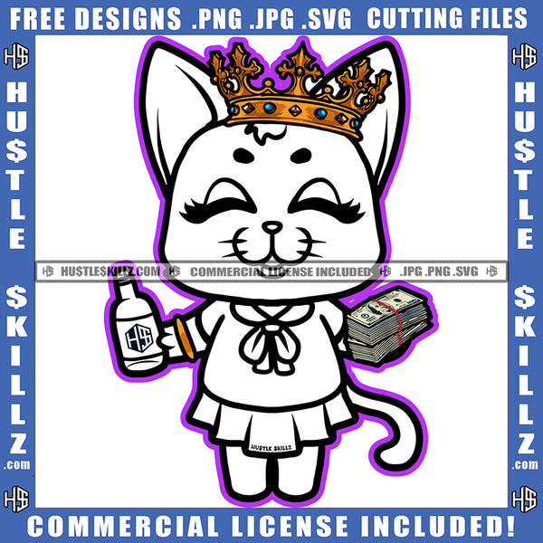 Gangster Queen Cat Black And White Design Graphic Holding Alcohol Bottle And Money Hand Bracelet Closing Eyes Logo Hustle Skillz SVG PNG JPG Vector Cut Files Silhouette Cricut