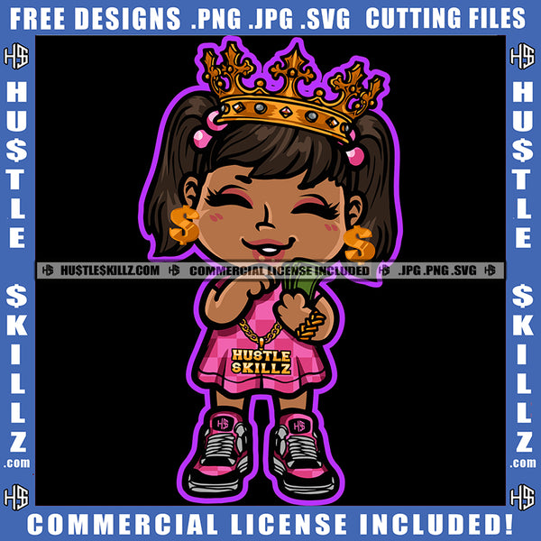 Beautiful Melanin Queen Doll Crown Holding Money Dollar Earing Hand Bracelet Gold Chain Closing Eyes Logo Hustle Skillz SVG PNG JPG Vector Cut Files Silhouette Cricut