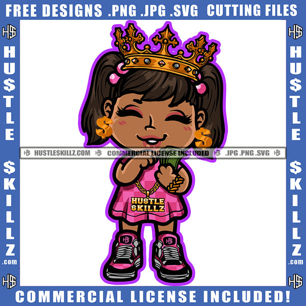 Beautiful Melanin Queen Doll Crown Holding Money Dollar Earing Hand Bracelet Gold Chain Closing Eyes Logo Hustle Skillz SVG PNG JPG Vector Cut Files Silhouette Cricut