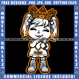 Gangster Kitten Melanin Queen Doll Black And White Design Crown Holding Money Dollar Earing Hand Bracelet Gold Chain Closing Eyes Logo Hustle Skillz SVG PNG JPG Vector Cut Files Silhouette Cricut