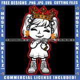 Female Cute Queen Doll Black And White Design Crown Holding Money Dollar Earing Bracelet Gold Chain Closing Eyes Red Border Logo Hustle Skillz SVG PNG JPG Vector Cut Files Silhouette Cricut