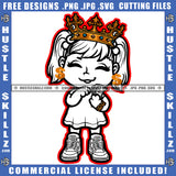 Female Cute Queen Doll Black And White Design Crown Holding Money Dollar Earing Bracelet Gold Chain Closing Eyes Red Border Logo Hustle Skillz SVG PNG JPG Vector Cut Files Silhouette Cricut