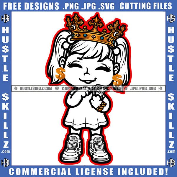 Female Cute Queen Doll Black And White Design Crown Holding Money Dollar Earing Bracelet Gold Chain Closing Eyes Red Border Logo Hustle Skillz SVG PNG JPG Vector Cut Files Silhouette Cricut