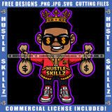 Black Man King Crown Holding Money Bag Dollar Gold Chain Eyes Sunglass Coins Grind Logo Hustle Skillz SVG PNG JPG Vector Cut Files Silhouette Cricut