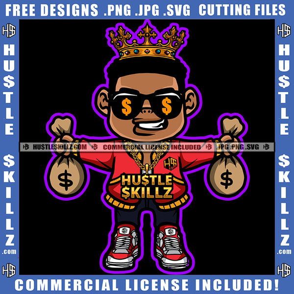 Black Man King Crown Holding Money Bag Dollar Gold Chain Eyes Sunglass Coins Grind Logo Hustle Skillz SVG PNG JPG Vector Cut Files Silhouette Cricut