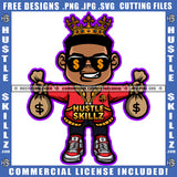 Black Man King Crown Holding Money Bag Dollar Gold Chain Eyes Sunglass Coins Grind Logo Hustle Skillz SVG PNG JPG Vector Cut Files Silhouette Cricut