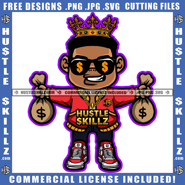 Black Man King Crown Holding Money Bag Dollar Gold Chain Eyes Sunglass Coins Grind Logo Hustle Skillz SVG PNG JPG Vector Cut Files Silhouette Cricut