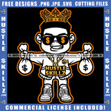 Gangster Man King Crown Black And White Design Holding Money Bag Dollar Gold Chain Eyes Sunglass Coins Grind Logo Hustle Skillz SVG PNG JPG Vector Cut Files Silhouette Cricut